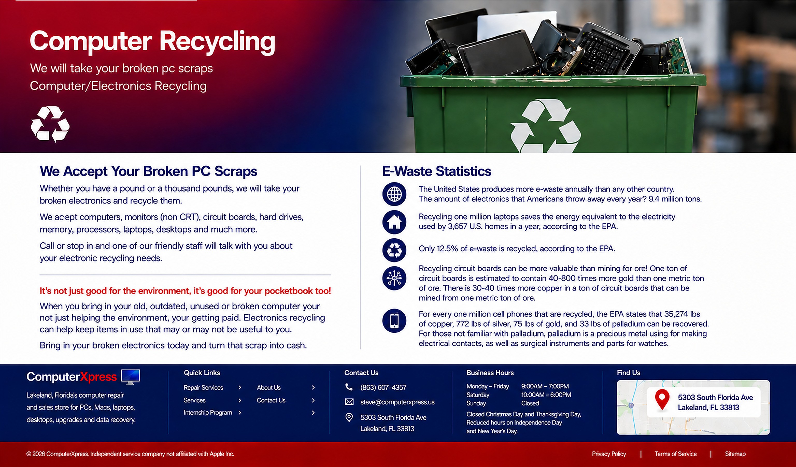 Computer Recycling in Lakeland page for ComputerXpress in Lakeland Florida.